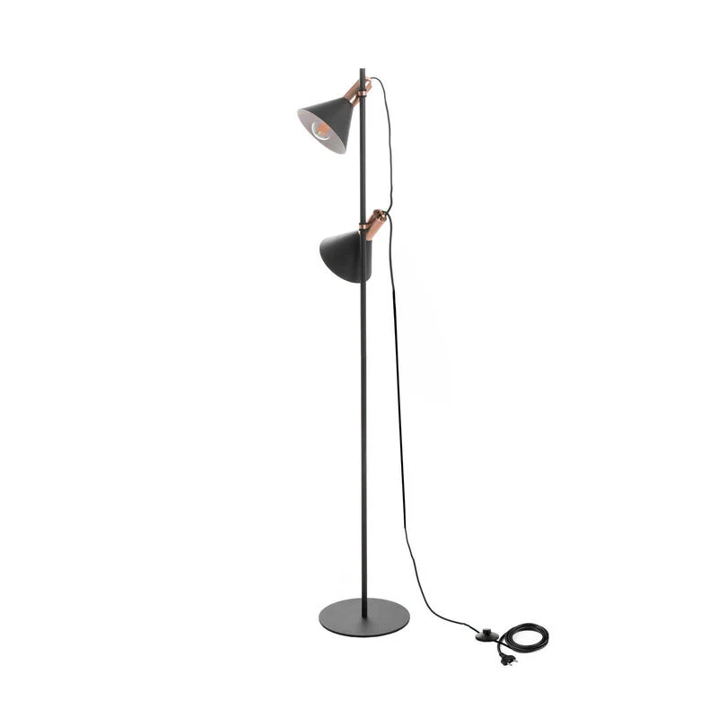 Lampada da terra moderna due luci in metallo nero inserti colore ottone cm 25x25x147h