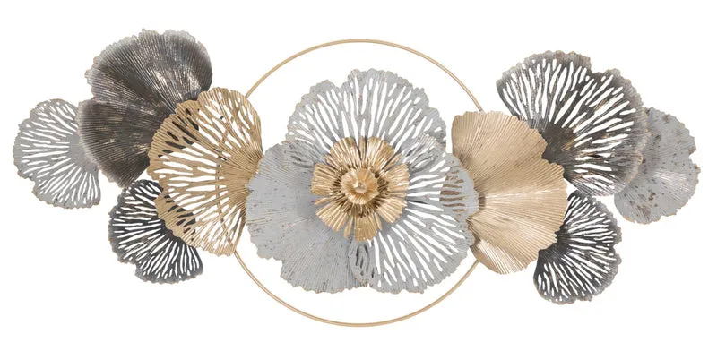 Pannello design moderno da parete in metallo con fiori in metallo 3D cm 130x8x55h