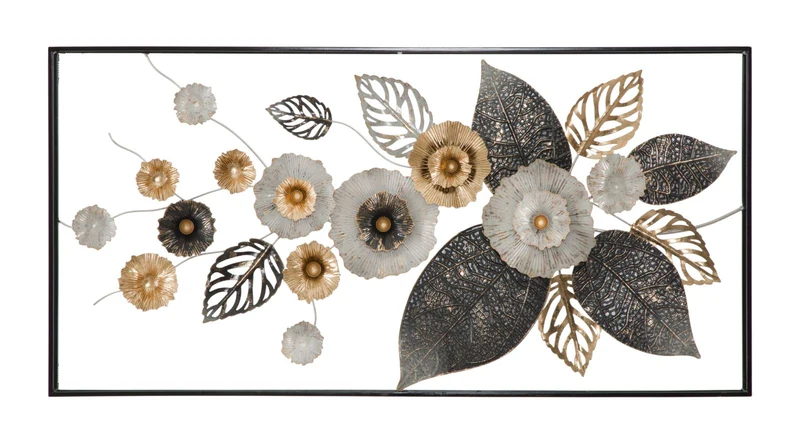 Quadretto pannello decorativo in metallo 3D con fiori e foglie cm 120x7x59h
