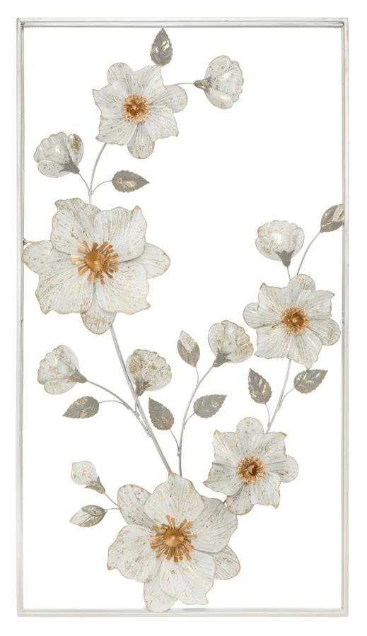 Decorazione parete moderna in metallo con fiori e cornice cm 50x5x90h