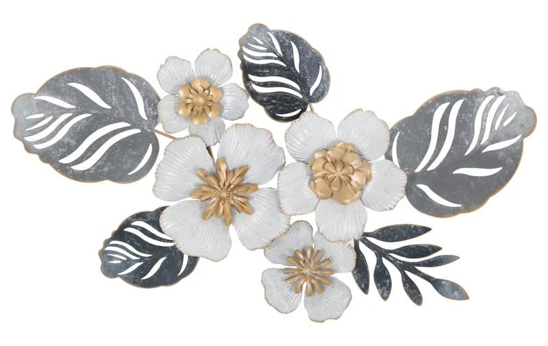 Pannello moderno da parete decorativo fiori e foglie in metallo cm 66x5x39h