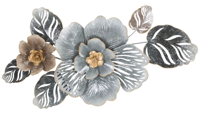 Decorazione da appendere moderna in metallo 3D con fiore e foglie cm 84x9x48h
