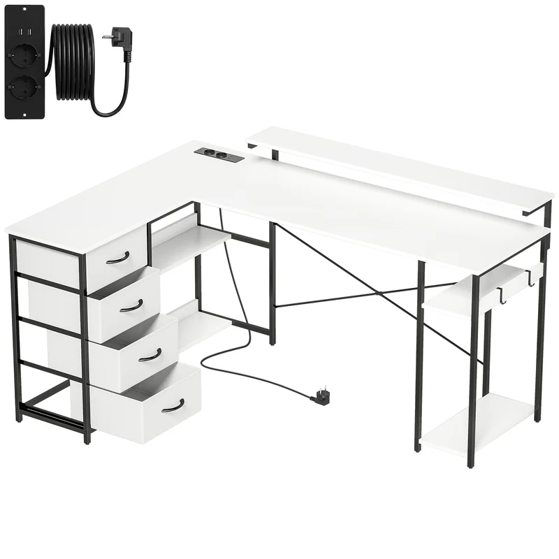 Scrivania Angolare 155x112x85,5-91,5 cm con Prese 4 Cassetti in Tessuto Rialzo Monitor e 2 Ganci Bianco e Nero