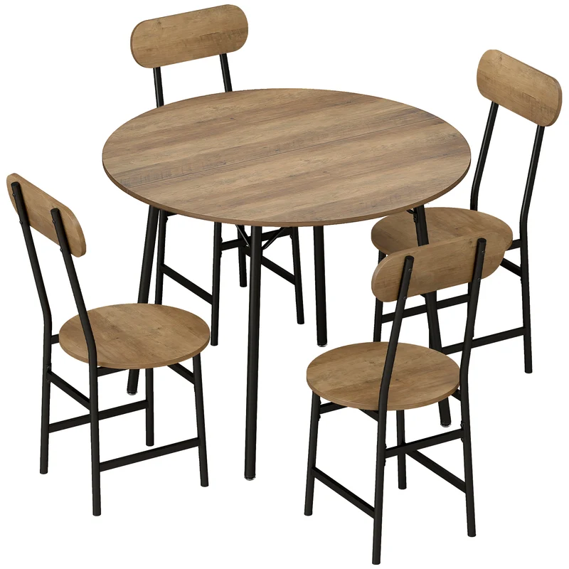 Set Pranzo 5 Pezzi Tavolo Ø100x77 cm e 4 Sedie 42x52x88 cm con Gambe Metallo Color Legno