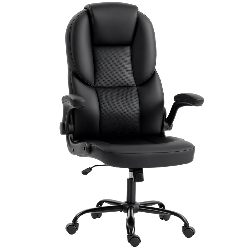 Sedia Ufficio Girevole 71x71x120-130 cm Funzione Dondolo Braccioli Ribaltabili Schienale Alto in Pelle PU Nero