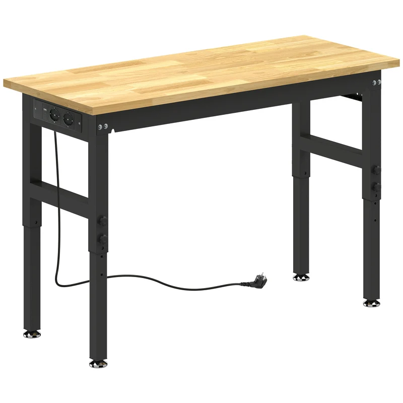 Banco da Lavoro in Legno e Acciaio Altezza Regolabile, 2 Prese AC, Capacità 900 kg, Color Legno e Nero