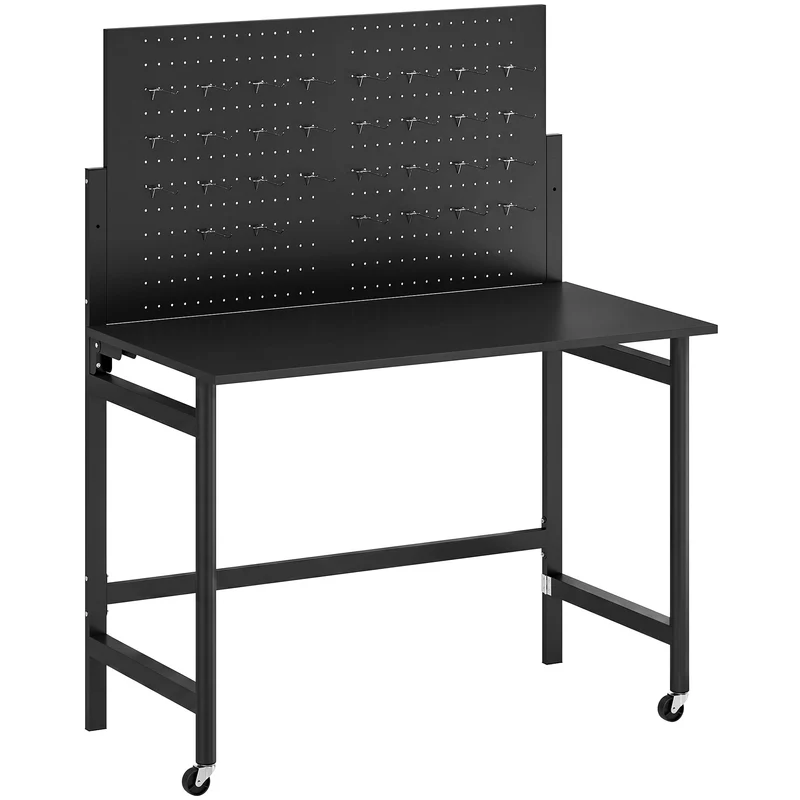 Banco da Lavoro Pieghevole Portatile 115x62x143,5 cm con Pannello Perforato Piano Spesso in Legno Struttura in Acciaio Nero