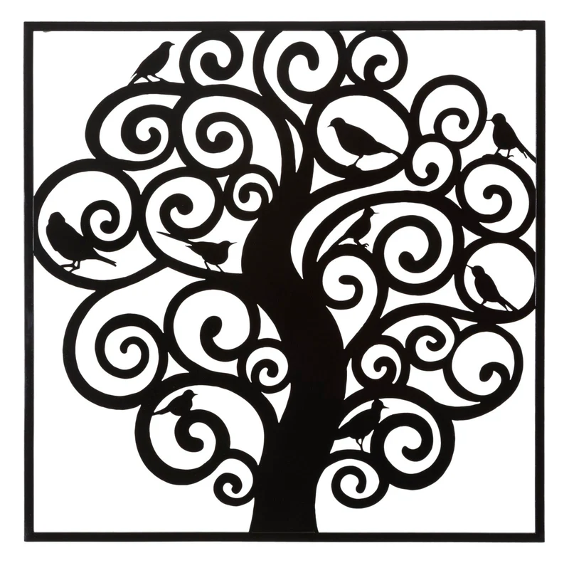 Quadro pannello decorativo in metallo nero albero con uccellini cm 70x1x70h