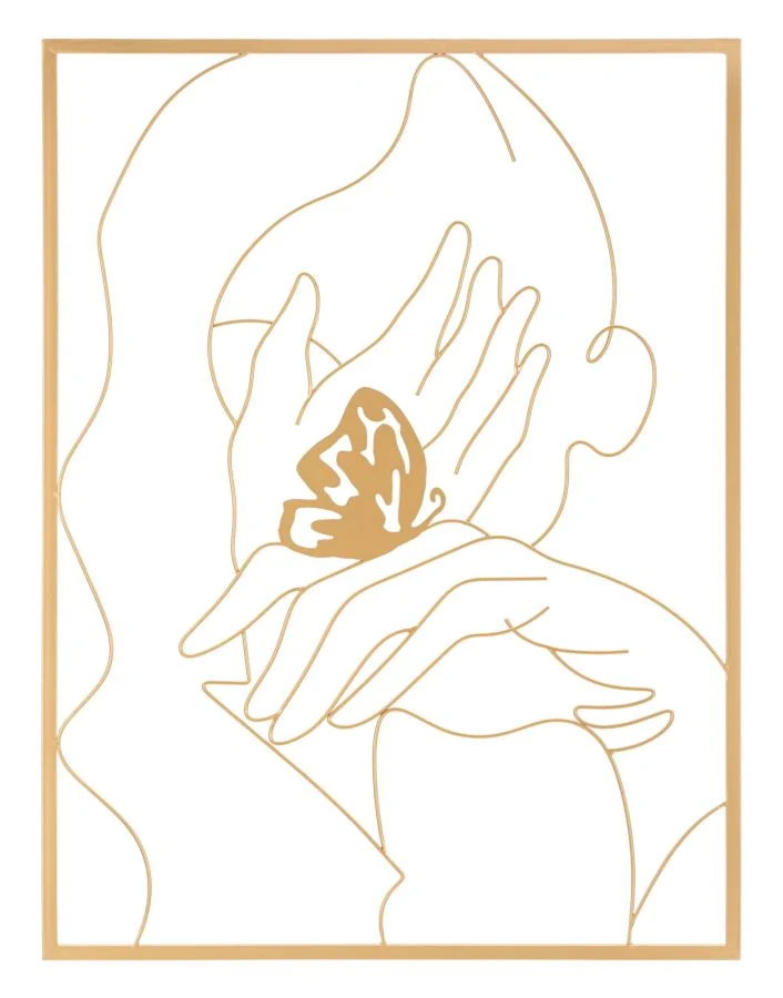 Quadro moderno con donna e farfalla in metallo colore oro cm 60x1x80h