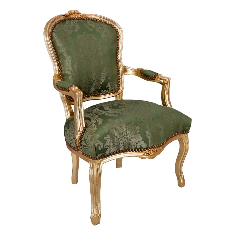 Poltrona stile barocco con struttura in legno oro e seduta in tessuto cm 60x65x94h - vari colori