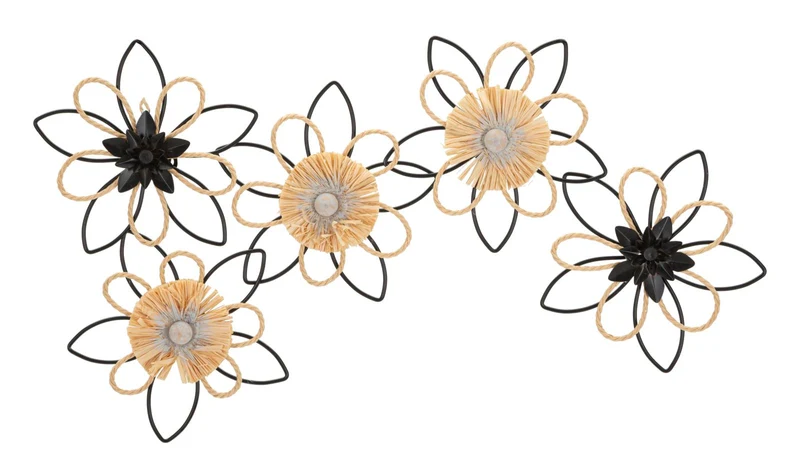 Pannello da muro decorativo con fiori in metallo e rafia cm 60x4x35h