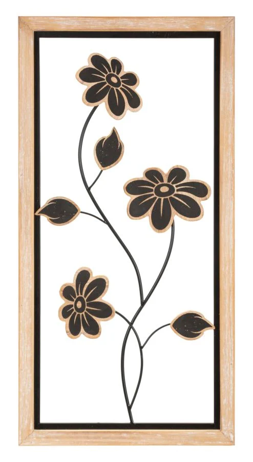 Pannello da muro moderno con fiori in legno nero e naturale cm 30x2x60h