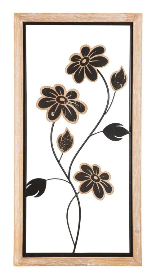 Pannello decorativo con cornice in legno e metallo con fiori cm 30x2x60h