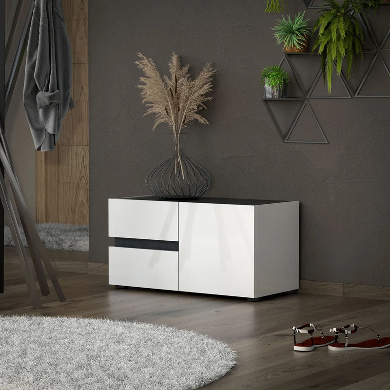Panca ingresso con anta e 2 cassetti bianco lucido e ardesia cm 80x38x42h