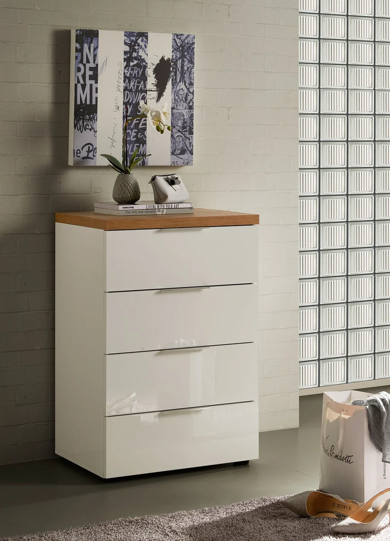 Cassettiera per camera 4 cassetti bianco lucido con top rovere cm 60x43x89h