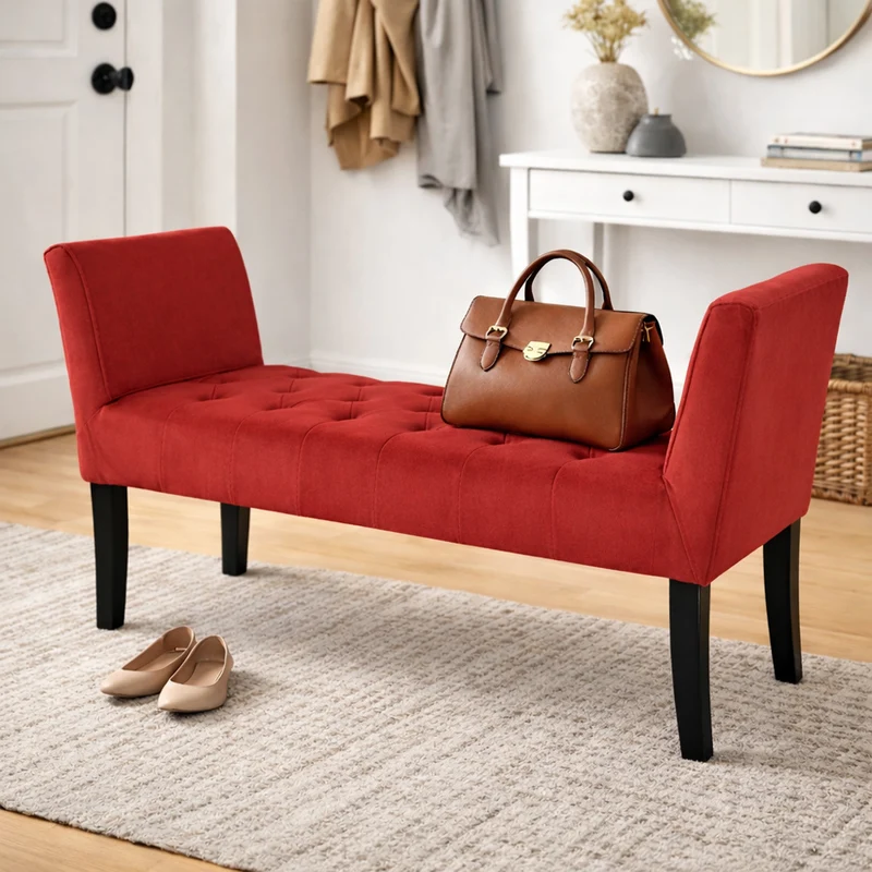 Panca Fondoletto Ingresso 111x40x60 cm con Piedi in Legno e Rivestimento Velluto Bordeaux