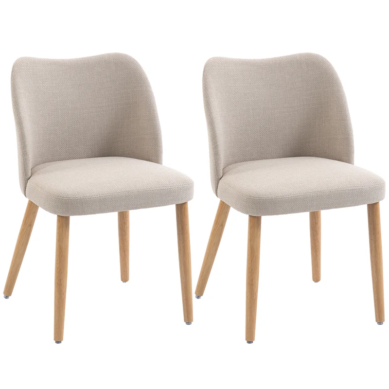 Set di 2 Sedie da Pranzo 46x52x76 cm Seduta Imbottita Schienale Curvo in Tessuto Effetto Lino e Legno di Caucciù Crema