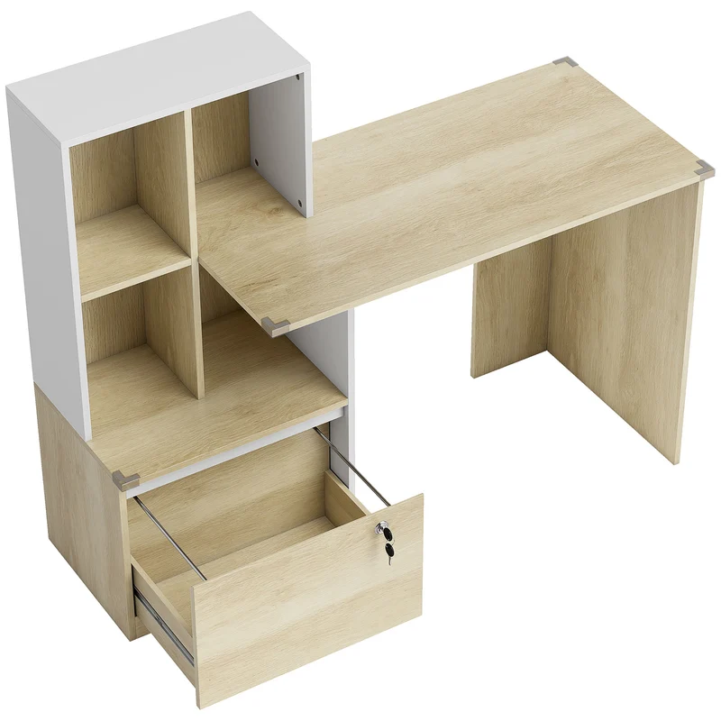 Scrivania con Libreria 126x50x109 cm Cassetto A4 Serratura e 2 Chiavi Bianco e Rovere
