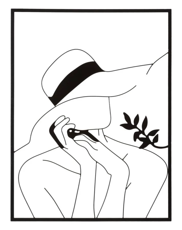 Quadro pannello moderno con cornice in metallo nero donna con cappello cm 60x1x80h