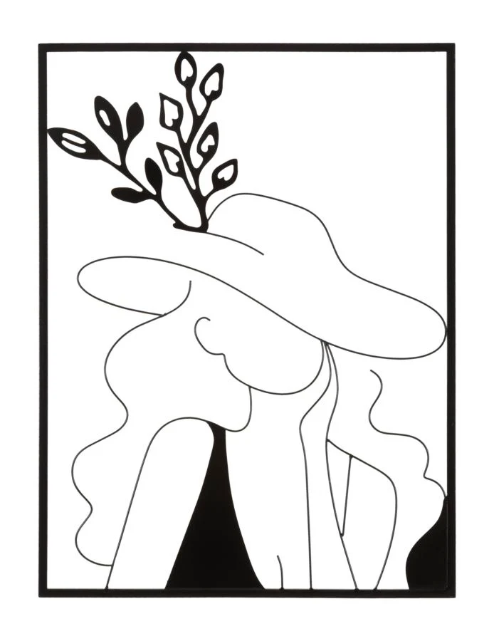 Quadro moderno con cornice in metallo nero donna con cappello cm 60x1x80h