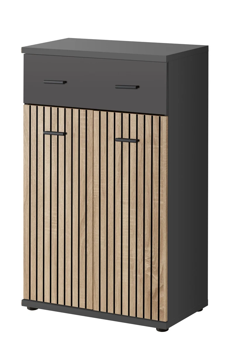 Jarib - Mobile alto 2 ante e cassetto colore quercia e antracite fantasia a righe cm 60x32x96h