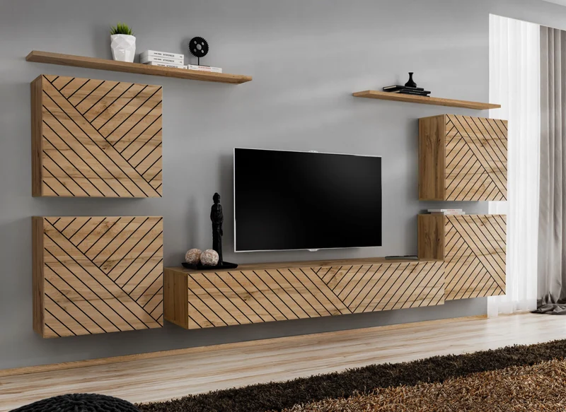 Teos - Parete da salotto sospesa componibile quercia con decorazione geometrica