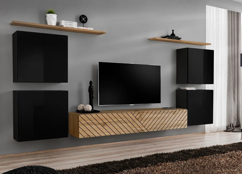 Dabir - Parete moderna living con pensili nero e quercia con linee nere incise - vari colori