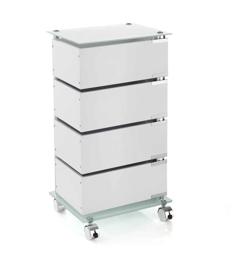 Cassettiera per ufficio 4 cassetti girevoli in legno top in vetro colore bianco cm 38x31x74h