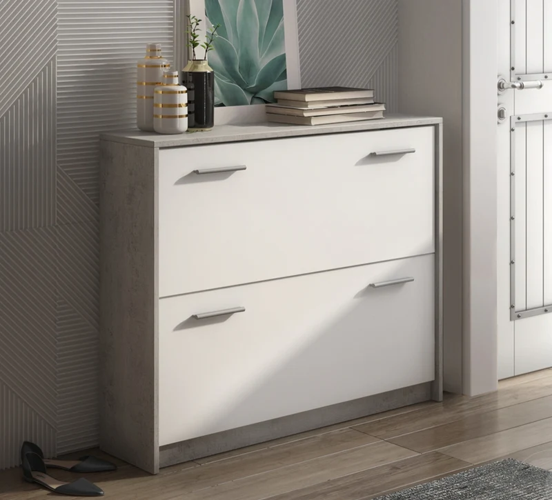 Scarpiera moderna 2 ante in legno bianco e cemento cm 100x25x81h