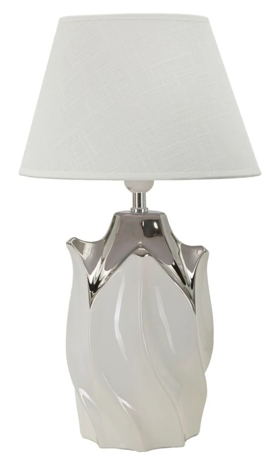 Lampada da Tavolo Shiney Ø30x51 cm in Ceramica e Ferro e Tessuto Bianco e Argento