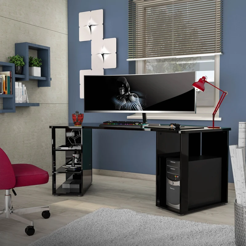 Scrivania gaming moderna porta pc colore nero lucido cm 204x87x76h
