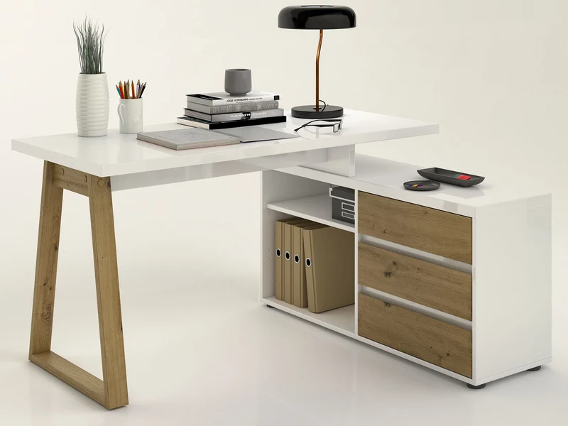 Scrivania ufficio angolare con cassettiera e vani bianco lucido e rovere cm 135x120x75h