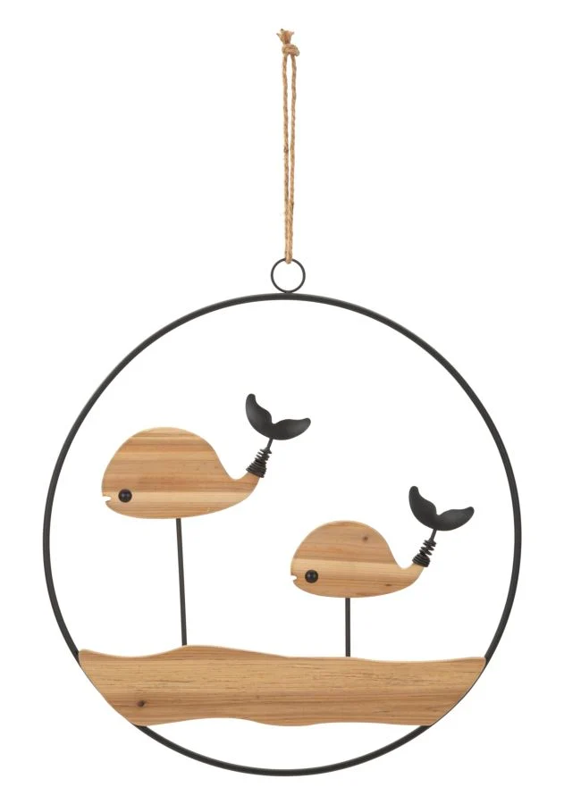 Decorazione da Parete in Legno Naturale e Metallo Nero – Design Nordico con Balene Stilizzate
