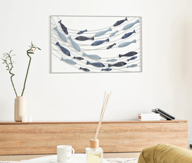 Quadro pannello in metallo decorativo per salotto stile marino con pesci azzurri cm 96x2x61h