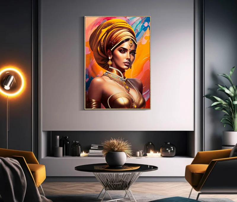 Dipinto su tela donna con turbante e gioielli a rilievo cm 72x4x102h