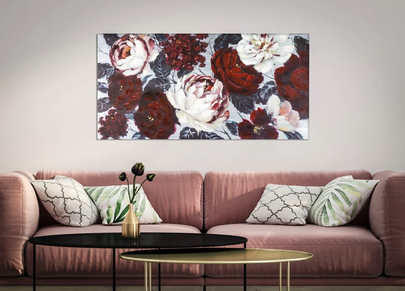 Quadro dipinto su tela per salotto con rose rosse e peonie bianche cm 120x4x60h