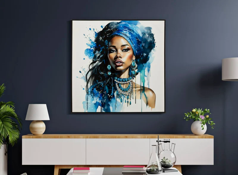 Quadro dipinto su tela laccato donna con turbante e gioielli azzurri cm 82x4x82h