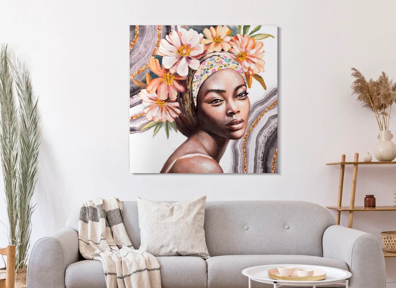 Quadro su tela ritratto di donna africana con fiori pesca e turbante cm 100x3x100h