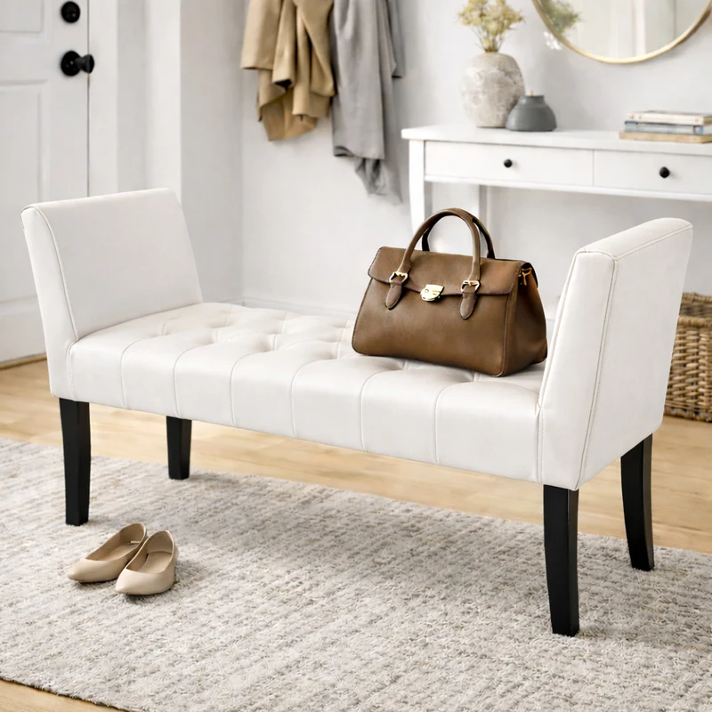 Panca Fondoletto Ingresso 111x40x60 cm con Piedi in Legno e Rivestimento Ecopelle Bianco