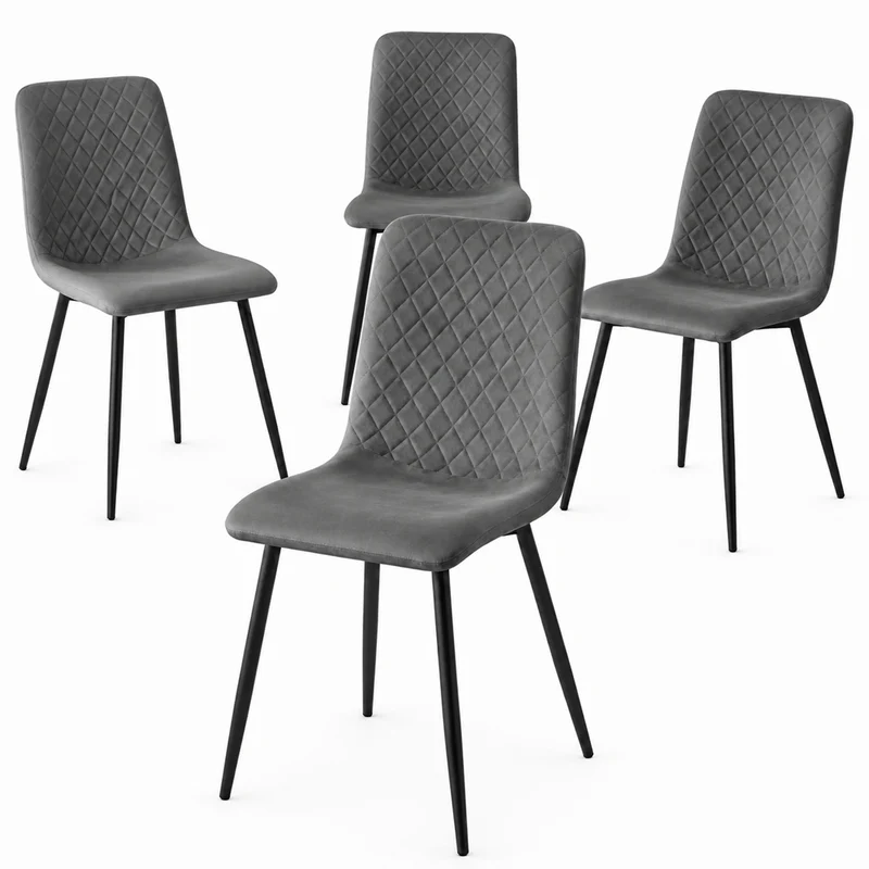 Set 4 Sedie Piedi Neri e Seduta Ergonomica con Rivestimento in Velluto Grigio