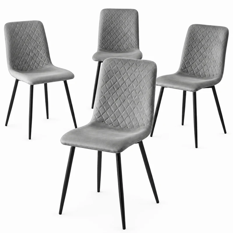 Set 4 Sedie Piedi Neri e Seduta Ergonomica con Rivestimento in Velluto Grigio Chiaro