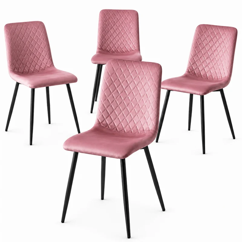 Set 4 Sedie Piedi Neri e Seduta Ergonomica con Rivestimento in Velluto Rosa
