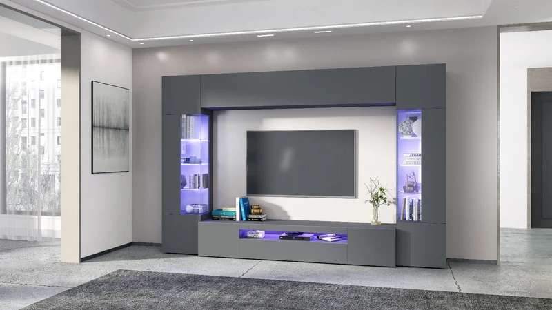 Parete attrezza spaziosa moderna grigio antracite opaco con vetrine cm 200x40x191h
