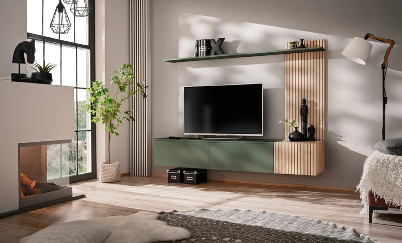 Parete Attrezzata Soggiorno Sospesa Verde Salvia e Rovere con Mobile TV Cannettato 180x40x130h