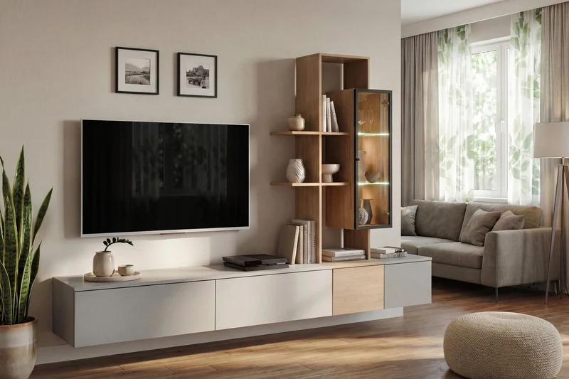Parete Attrezzata Soggiorno Grigio Chiaro e Rovere con Vetrina LED e Libreria A Giorno cm 240x40x160h