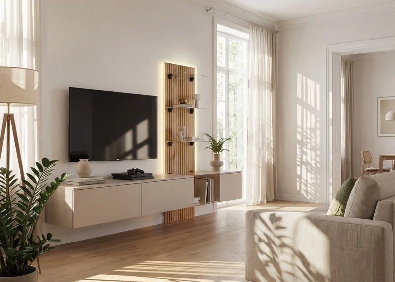Parete Attrezzata Sospesa Bianco Opaco e Rovere con LED e Mobile TV Moderno cm 220x40x160h