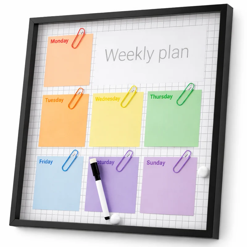 Lavagna Cancellabile Calendario Settimanale 40x40 cm con Cornice Legno con Pennarello e Calamite