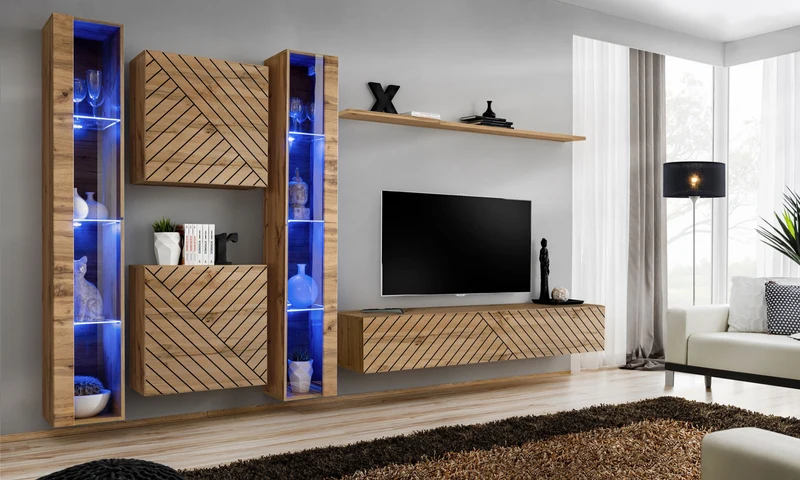 Faym - Parete soggiorno sospesa in legno quercia con vetrine e luci blu