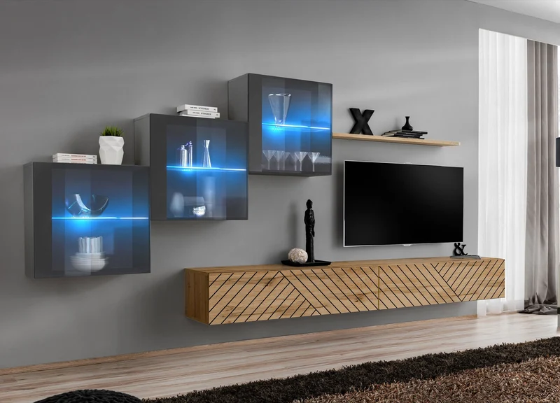 Sahir - Parete living componibile pensili quercia decorati e vetrinette con luci - vari colori