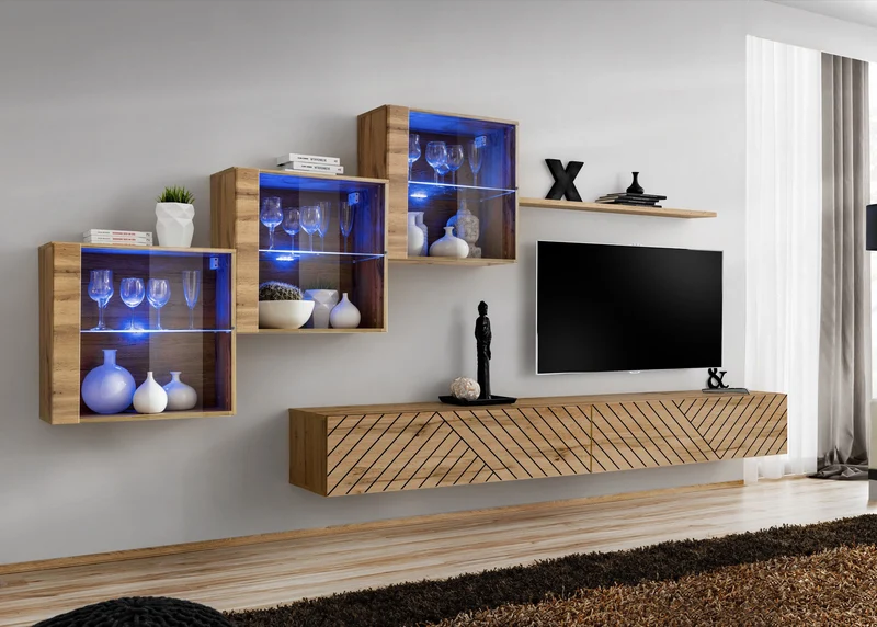 Rimas - Parete design soggiorno con pensili e vetrine colore quercia con luci